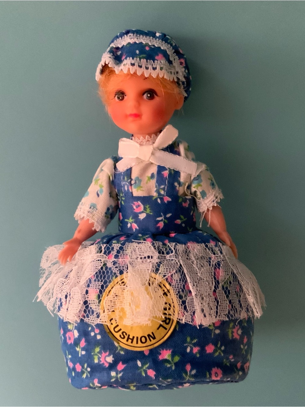 Vintage 70s Blue Floral Bonnet Girl Pin Cushion Doll